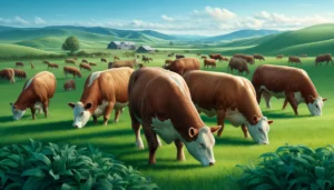 Beef Cattle Directory A detailed and photorealistic illustration of high quality beef cattle. The scene features a group of healthy and robust beef cattle grazing (1)