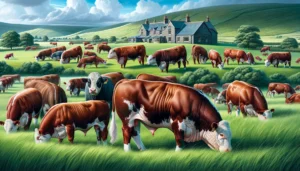 Beef Cattle Directory A detailed and photorealistic illustration of high quality beef cattle. The scene features a group of healthy and robust beef cattle grazing (2)