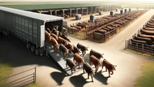 Beef Cattle Guide & Directory A detailed and photorealistic illustration of beef cattle exiting a cattle trailer into a feed lot. The scene features a group of healthy... (1)